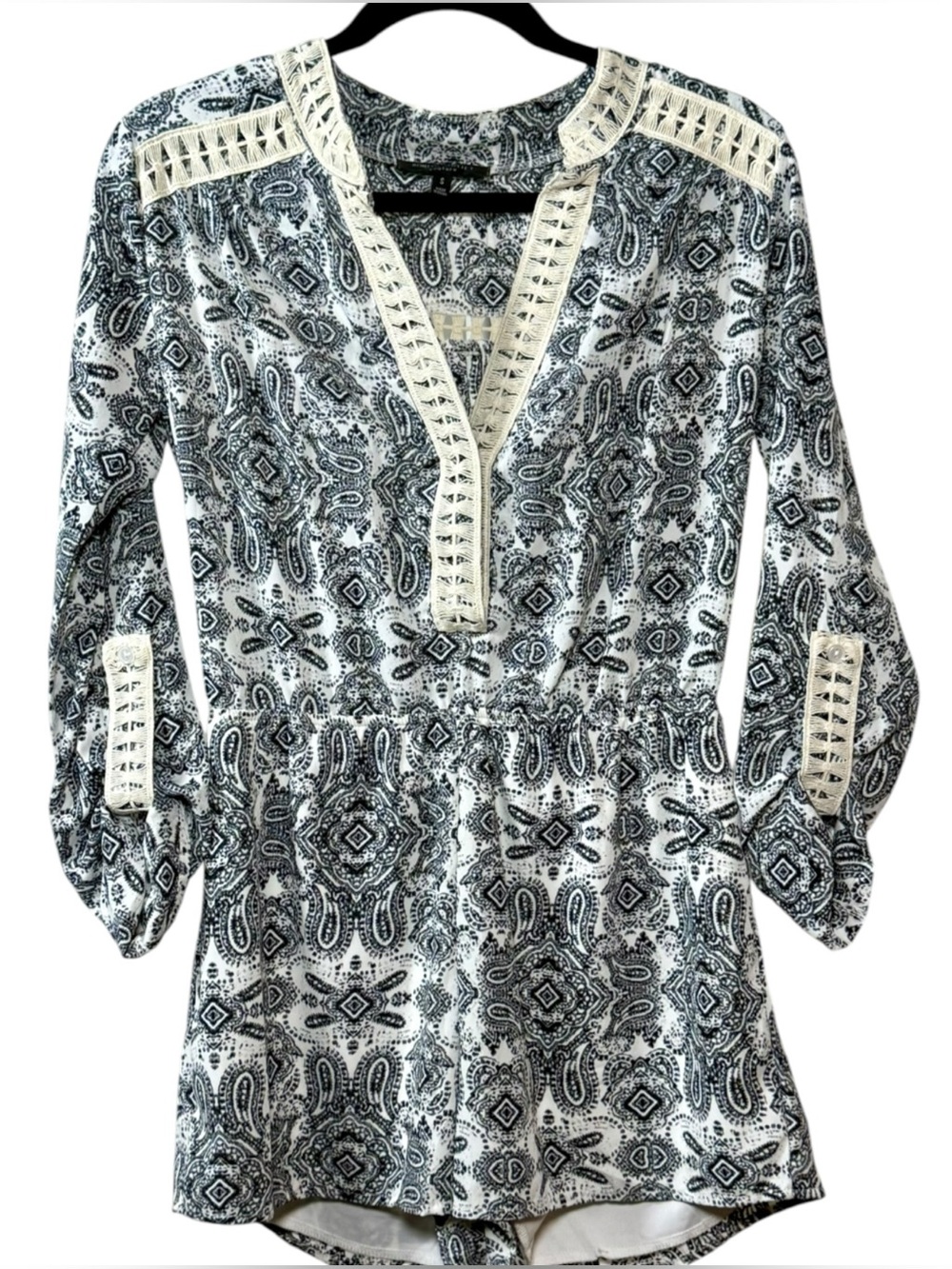 Romeo & Juliet Couture Black and White Printed Romper with Crochet Trim S